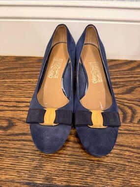 Salvatore Ferragamo Navy Suede Bow Flats with Gold Accent